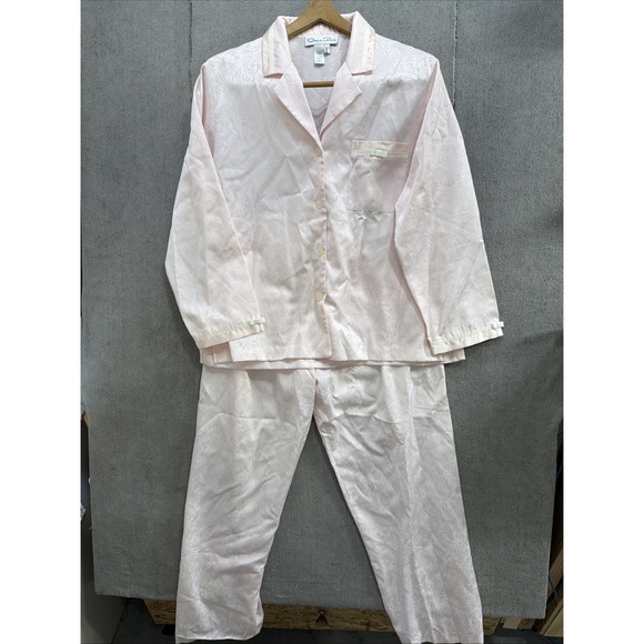 Oscar de la Renta Pink Satin Pajama Set Vintage 90s Jacquard Medium - Picture 2 of 13